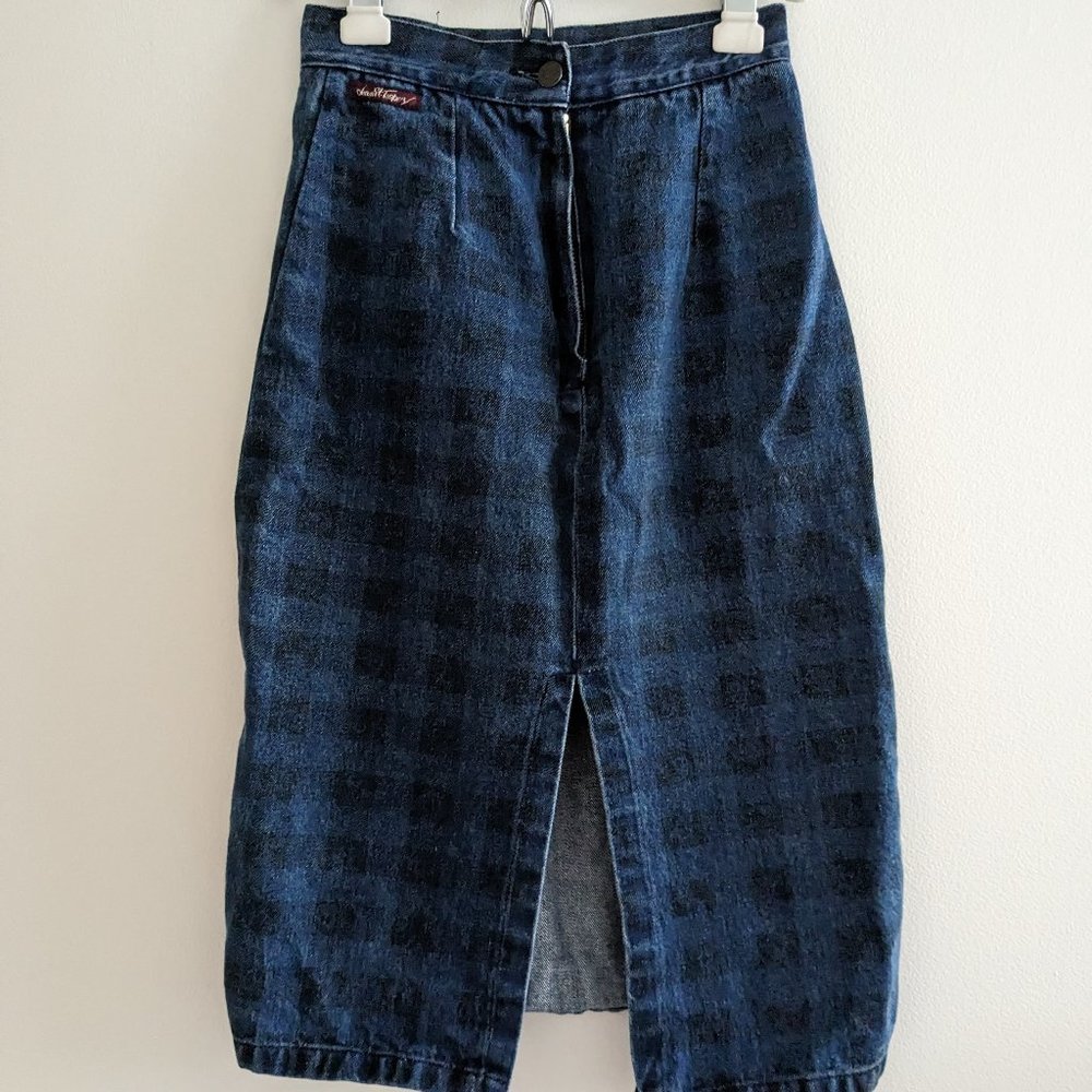 Checkered Blue Jean Skirt Midi with Slit